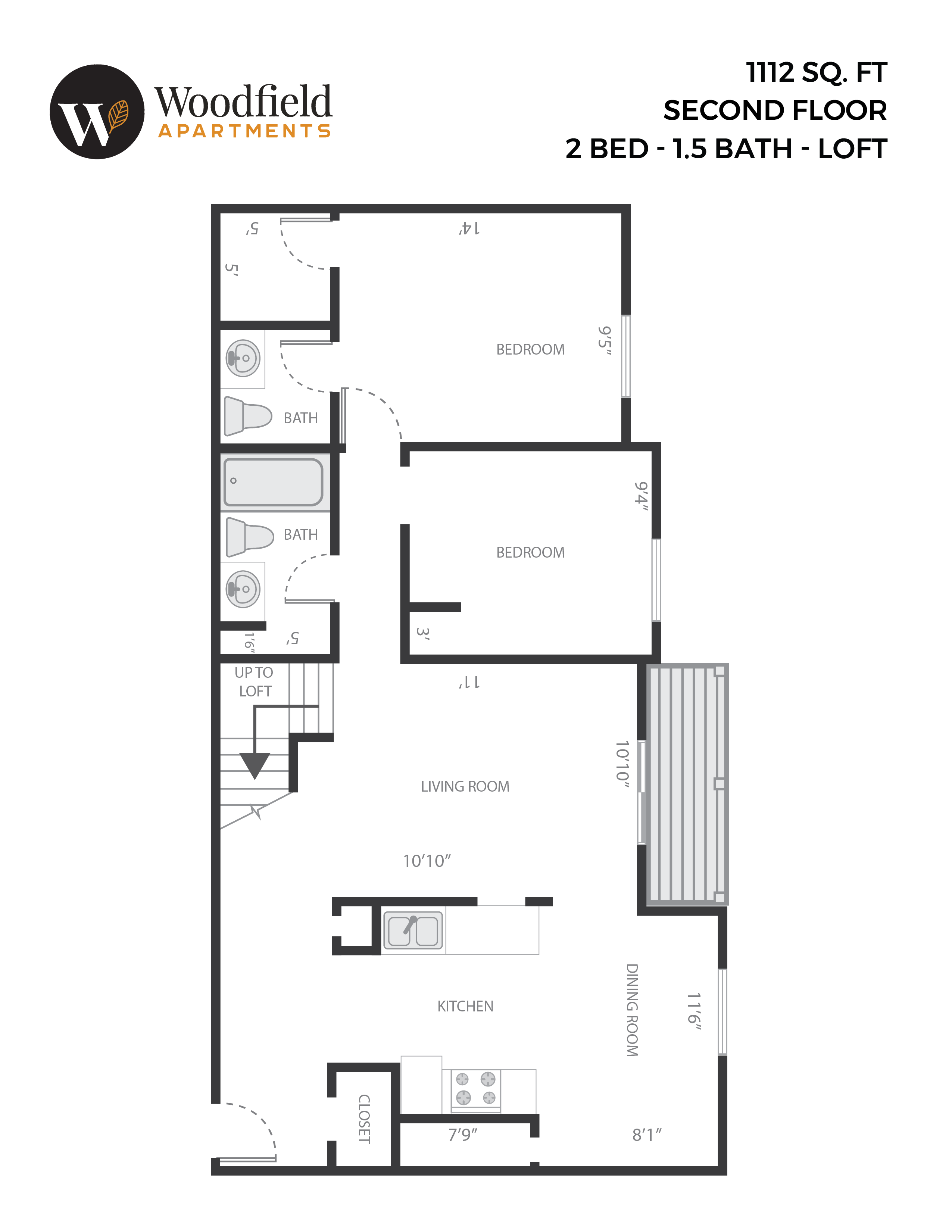 2 Bed, 1.5 Bath Loft - 1,112 sq ft